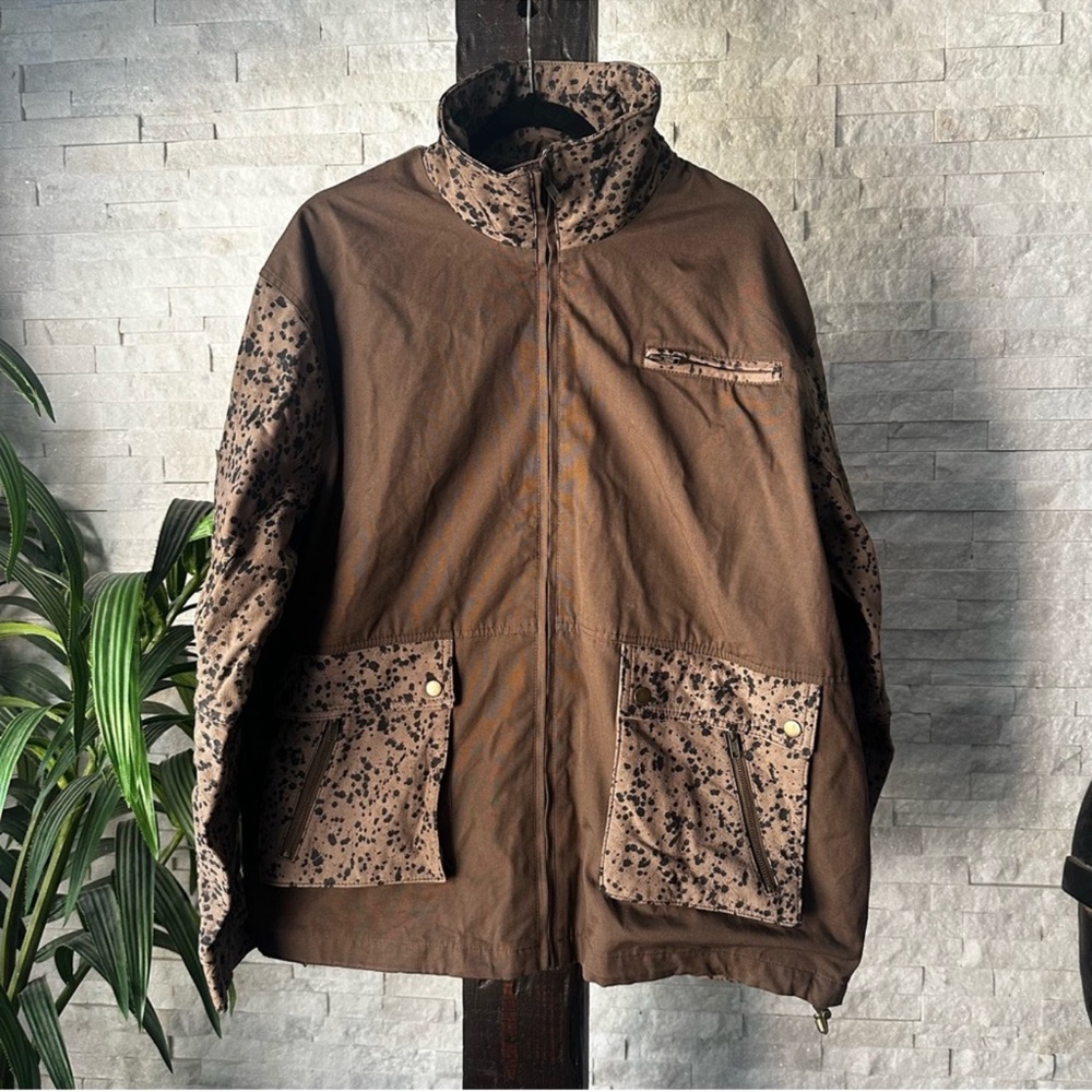 LORO PIANA Leather Canvas Speckled Camo Storm System Rain Wind Coat Size XL